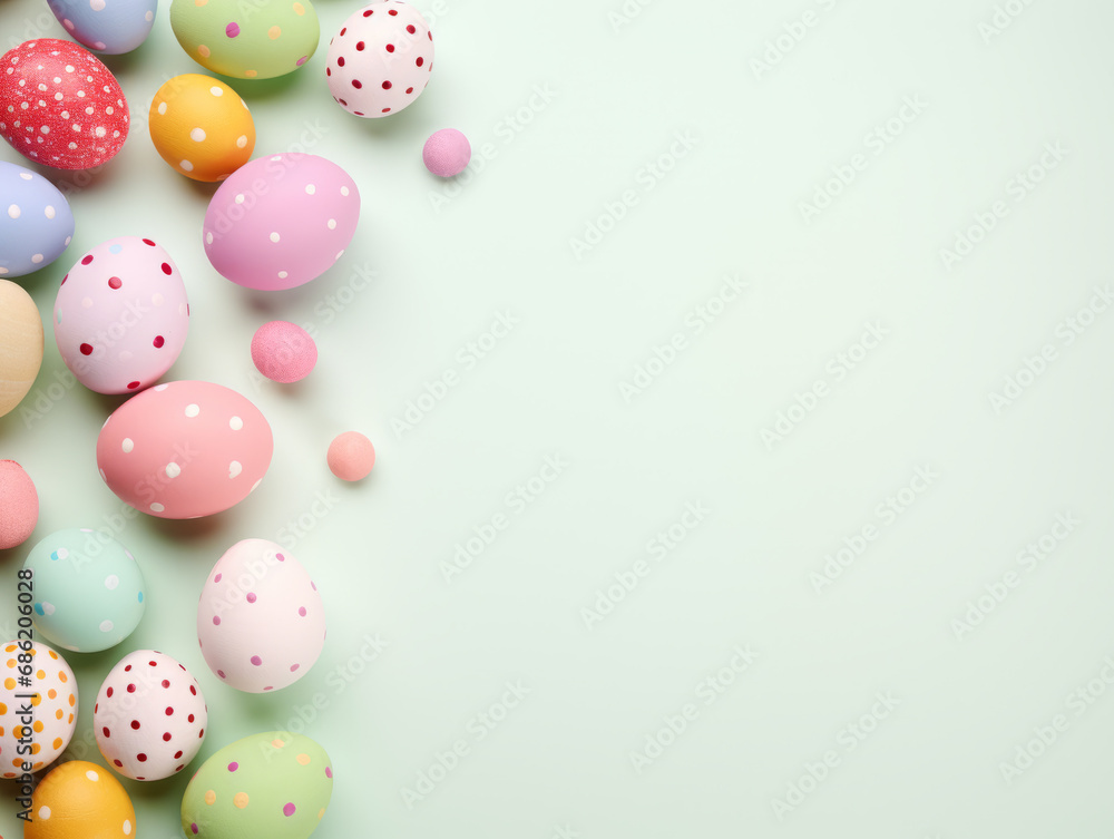 A bright Easter card with eggs along the left side and a green bright backdrop.