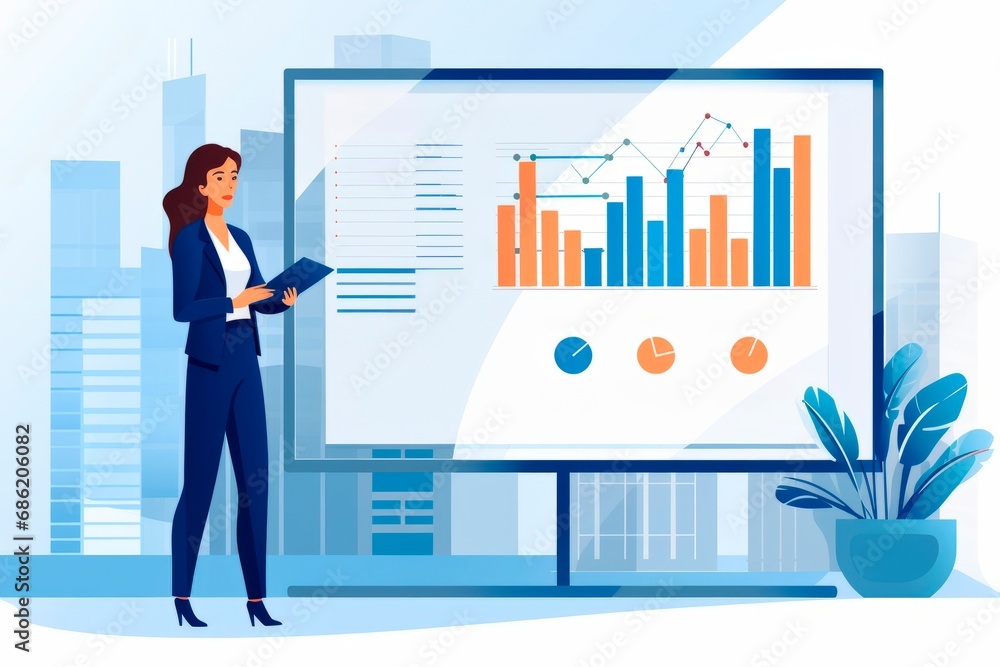 businesswoman is making a presentation on a screen, with charts and graphs for his company businesswoman is making a presentation on a screen, with charts and graphs for his company