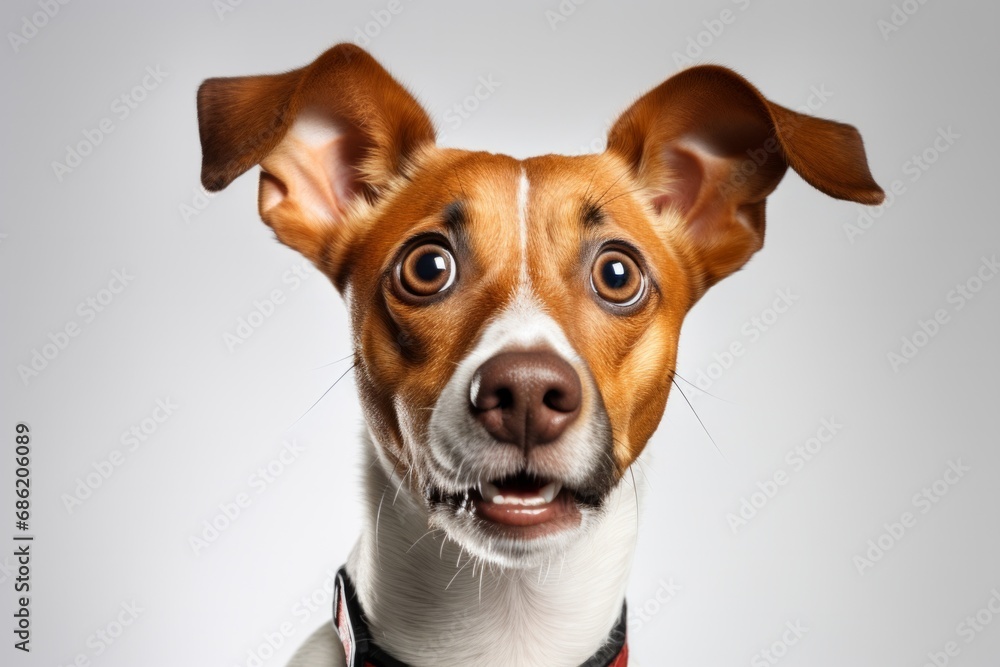 A Close-Up of a Cute Dog with an Open Mouth And a surprised Look On It's Face. A close up of a happy dog with its mouth open on a studio Backdrop.