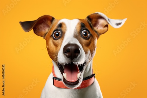 A Close-Up of a Cute Dog with an Open Mouth And a surprised Look On It's Face. A close up of a happy dog with its mouth open on a studio Backdrop. photo