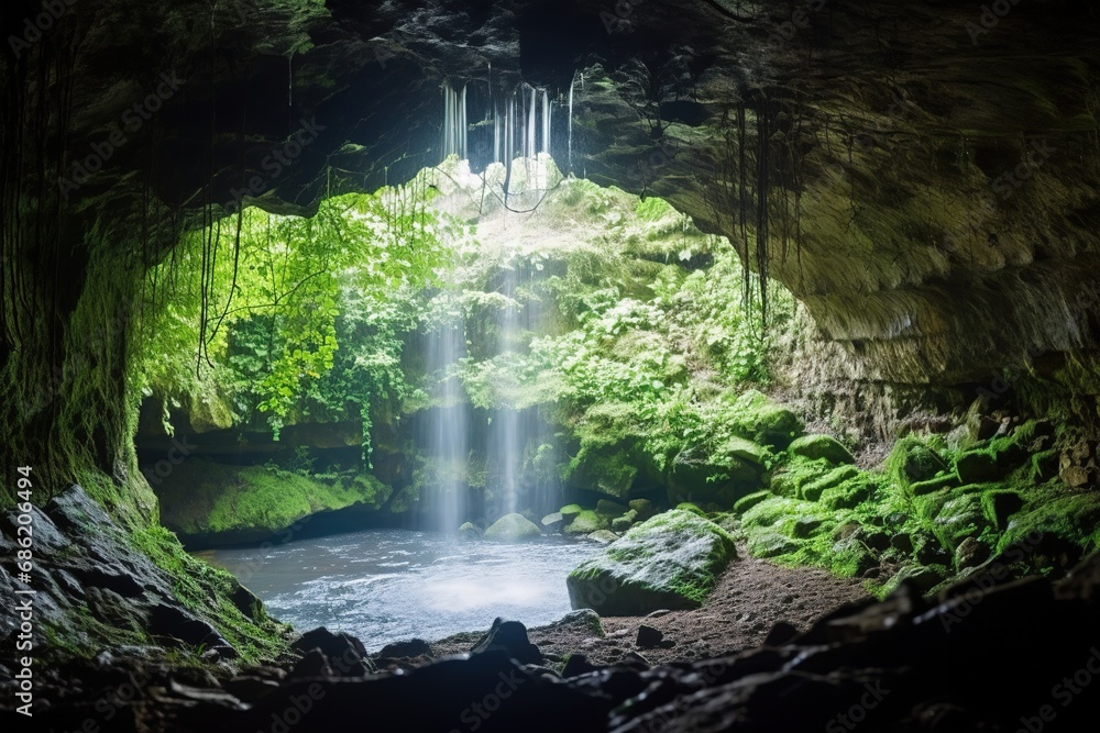 Cave tunnel under waterfall in green forest Cave tunnel under waterfall in green forest