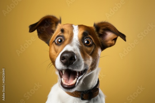 A Close-Up of a Cute Dog with an Open Mouth And a surprised Look On It's Face. A close up of a happy dog with its mouth open on a studio Backdrop. © Robert Goodall