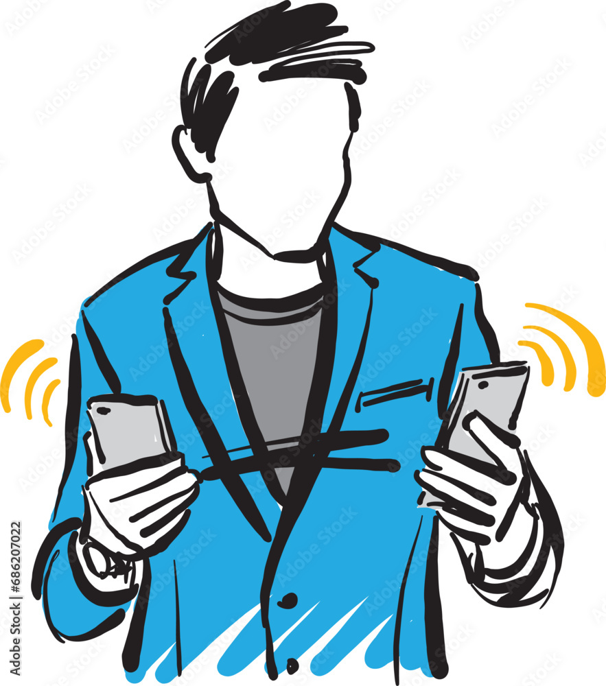man guy with cellphones choosing between two phones buy concept vector illustration