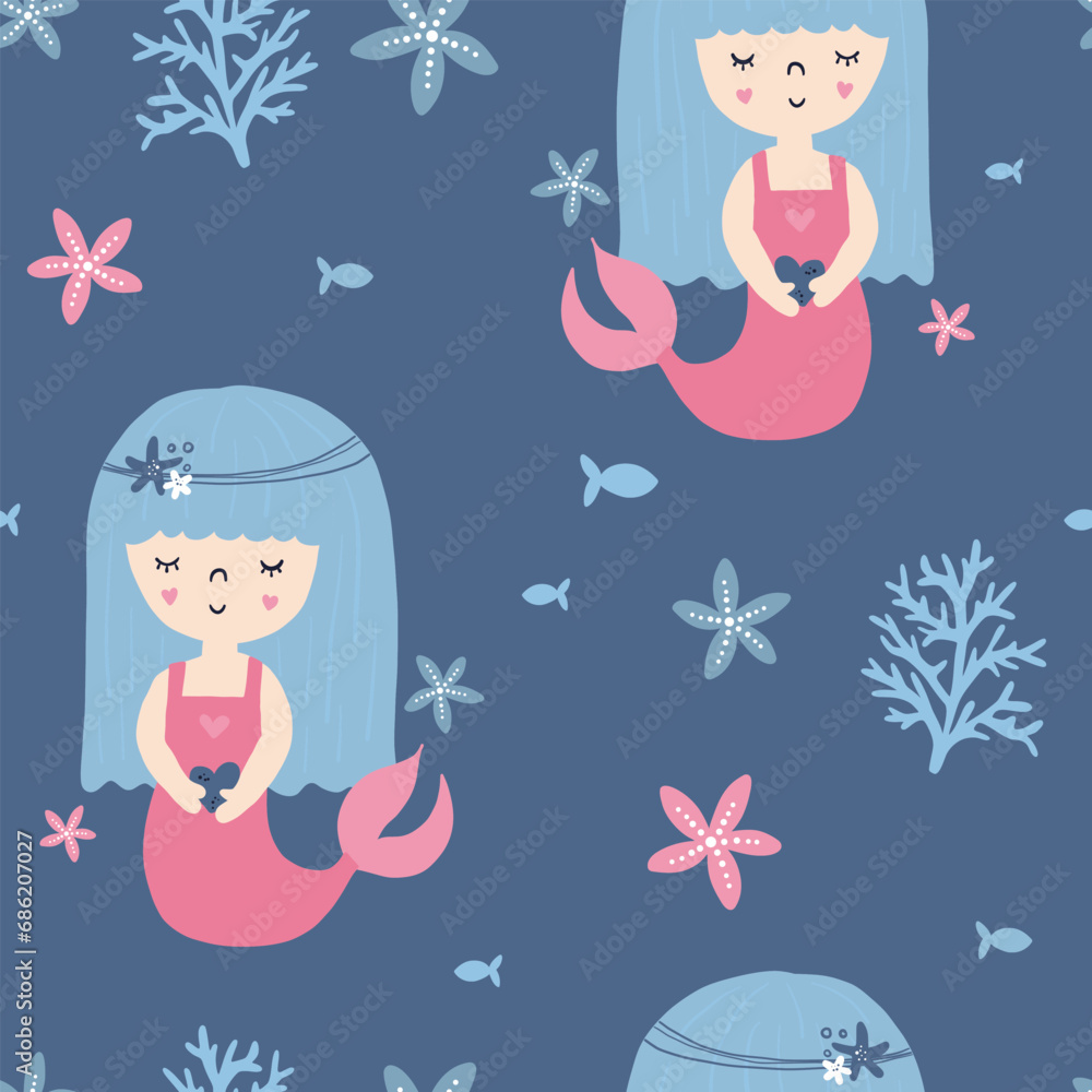 Vector seamless pattern with cute mermaid girls and underwater elements. Vector seamless pattern with cute mermaid girls and underwater elements.