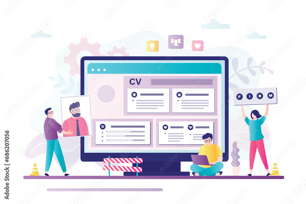 Resume writing service. Application or website for creating resumes, cv, documents for job applicants. Business people add different icons and interface parts to screen. Resume writing service. Application or website for creating resumes, cv, documents for job applicants. Business people add different icons and interface parts to screen.