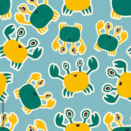 Cute colored childish seamless repeating simple flat pattern with crabs in Scandinavian style. 