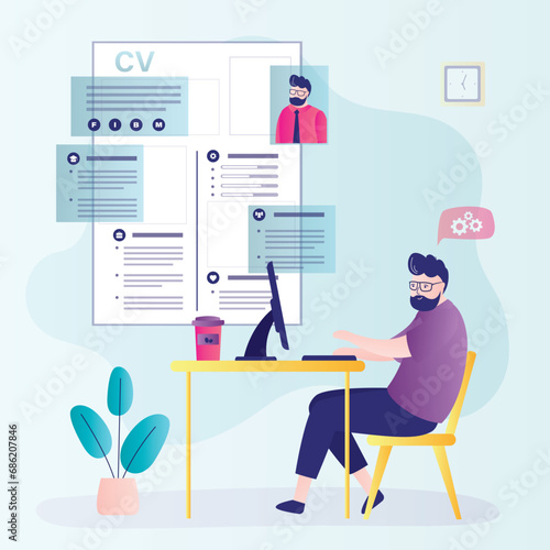 Smart businessman looking for new job on internet. Applicant man builds cv resume in online service. Male character search suitable vacancy in web network.