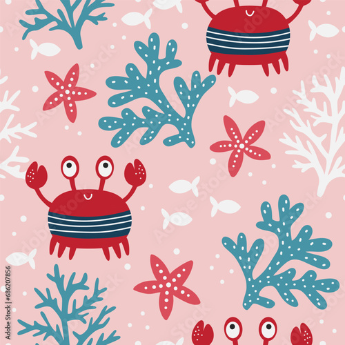 Cute colored childish seamless repeating simple flat pattern with crabs and plants 