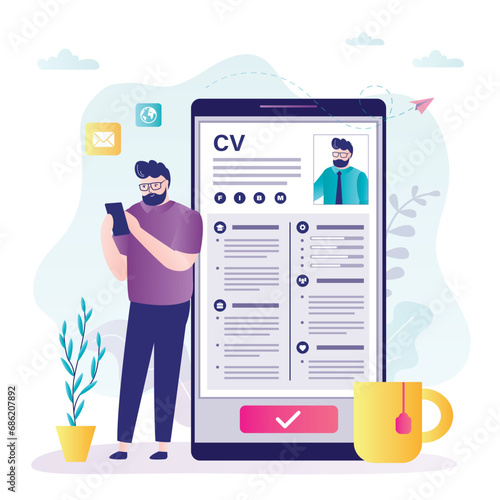 Businessman looking for new job on internet. Applicant man builds cv resume on mobile phone. Male character search suitable vacancy in mobile app. Job seeker,