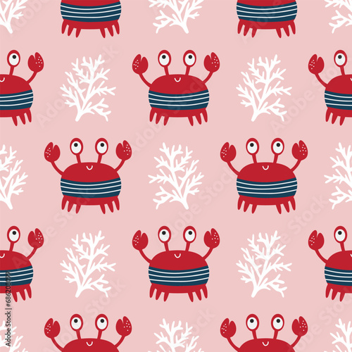 Cute colored childish seamless repeating simple flat pattern with crabs and plants.