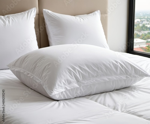 White folded duvet lying on white bed background. 