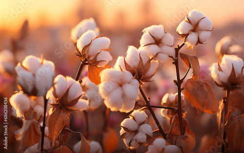 Closeup, cotton field and sunsets in nature with sky background. Agriculture, outdoor and summer in countryside, farming and growth with sustainability, development and landscape for industry