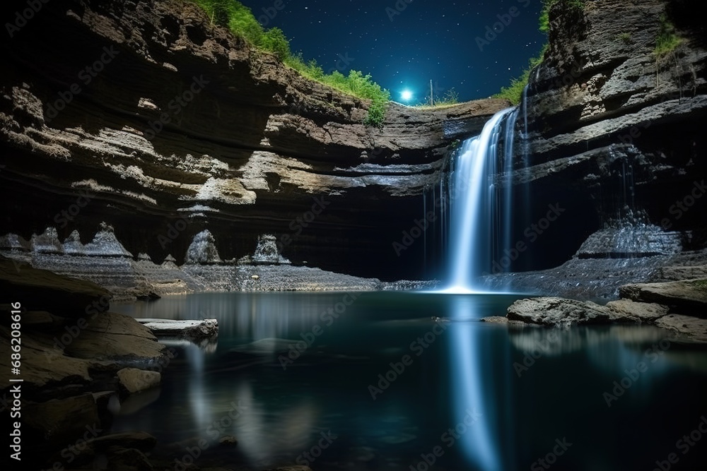 majestic waterfall illuminated by the moon light