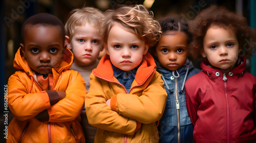 A diverse group of angry children against school bullying