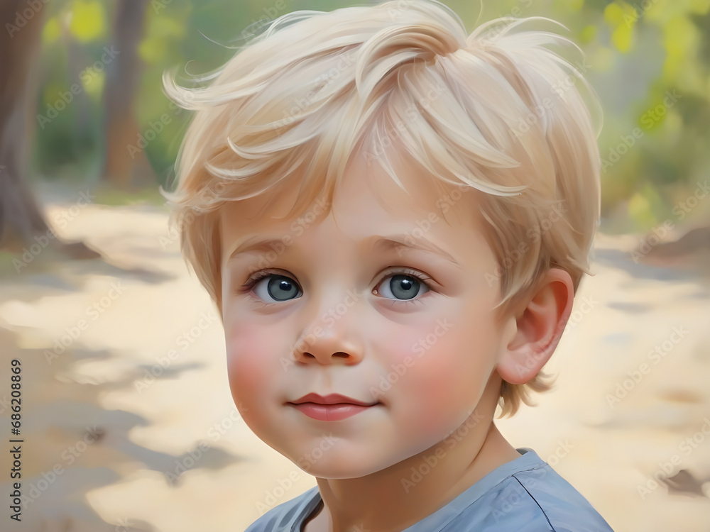 A cute boy with blond hair outside. Beautiful boy portrait in impressionist style. Generative AI A cute boy with blond hair outside. Beautiful boy portrait in impressionist style. Generative AI
