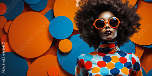 Stylish and bold woman with a retro afro hairstyle wearing futuristic blue sunglasses and a colorful polka dot dress against a dynamic orange and blue geometric background