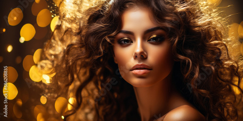Ethereal beauty portrait of a serene young woman adorned with golden glitter, embodying elegance and luxury in a universe of shimmering gold particles