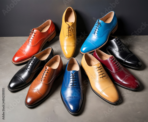 Set of classical leather Cap Toe Oxfords and Wingtip brogue shoes in different styles and colors