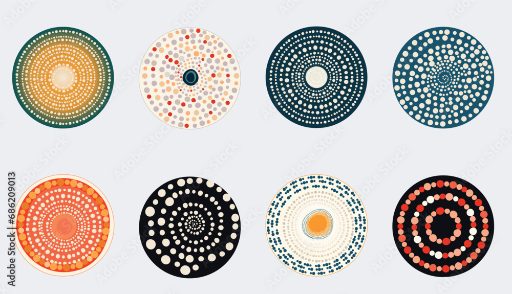Set of vector stickers isolated on bright lantern. Round abstract illustration with dots. Design element for frame, logo, tattoo, web pages, prints, posters, template, abstract vector background. Set of vector stickers isolated on bright lantern. Round abstract illustration with dots. Design element for frame, logo, tattoo, web pages, prints, posters, template, abstract vector background.