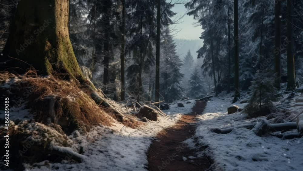 Winter landscape, snowfall at sunrise in the forest. Seamless looping video animation background. Generated with AI Winter landscape, snowfall at sunrise in the forest. Seamless looping video animation background. Generated with AI