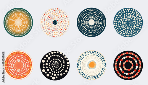 Set of vector stickers isolated on bright lantern. Round abstract illustration with dots. Design element for frame, logo, tattoo, web pages, prints, posters, template, abstract vector background.