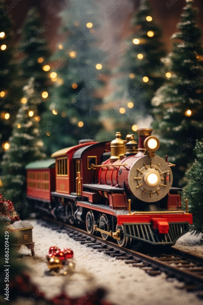 A splendid toy train model is showcased against the blurred backdrop of a lit christmas tree