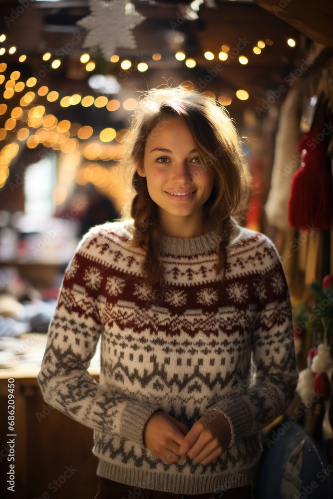 Young woman with a welcoming smile wearing a festive sweater at a traditional christmas market setting Young woman with a welcoming smile wearing a festive sweater at a traditional christmas market setting