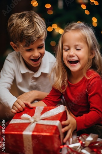 A boy and girl share a joyful moment while opening a red christmas gift together
