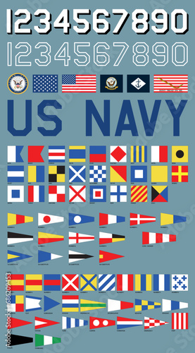 US Navy signals flags, official flags, numbers and symbols, vector illustration