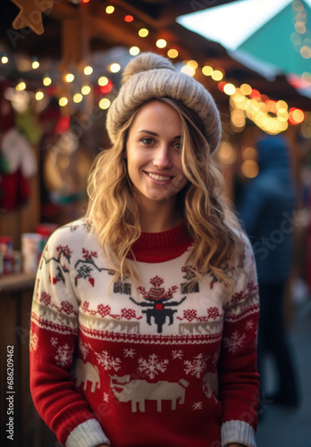 Charming young lady in a winter hat and festive sweater beams with holiday season joy at a christmas fair © Glittering Humanity