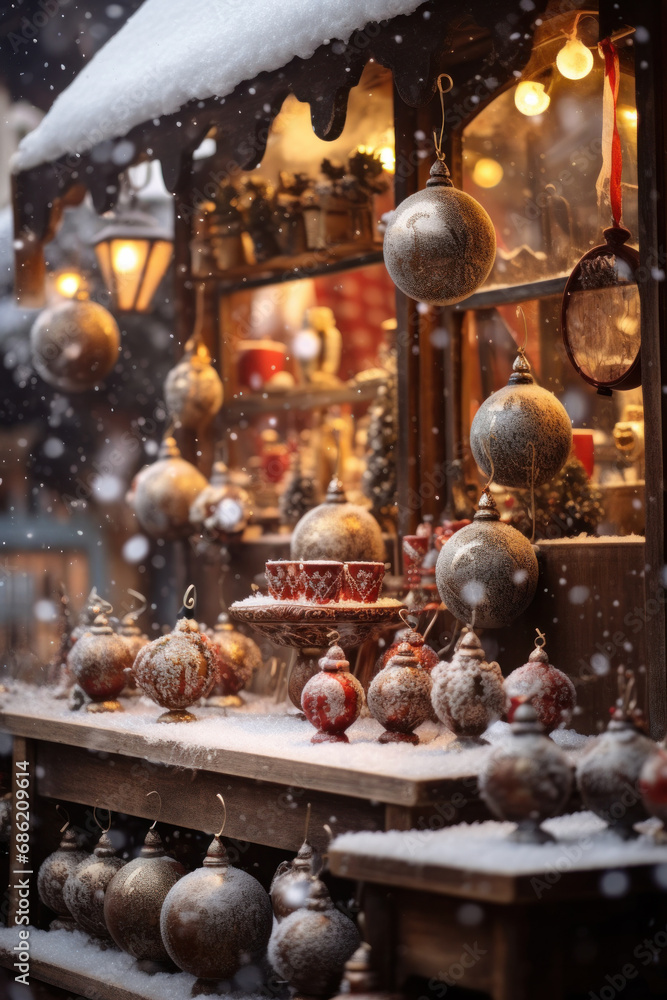 Quaint wooden market stall adorned with festive holiday ornaments under snow