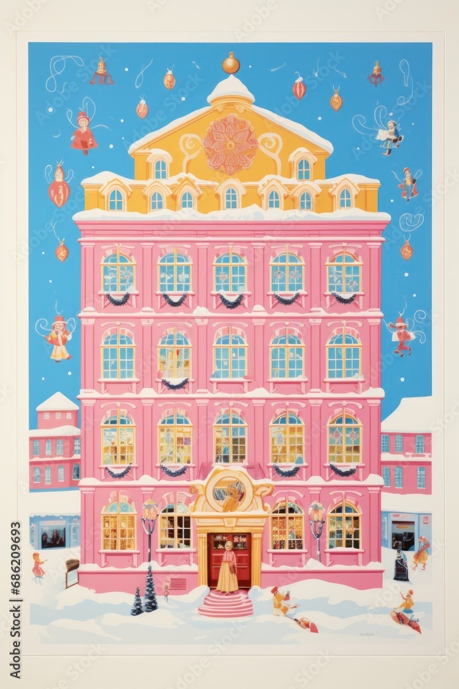 A whimsical illustration showcasing a pink hotel with floating balloons and characters in front