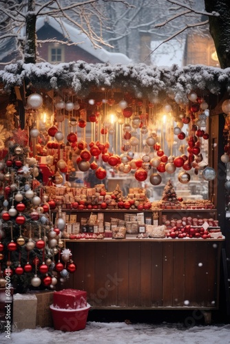 A magical christmas market booth glowing with lights and ornaments under a snowy eve