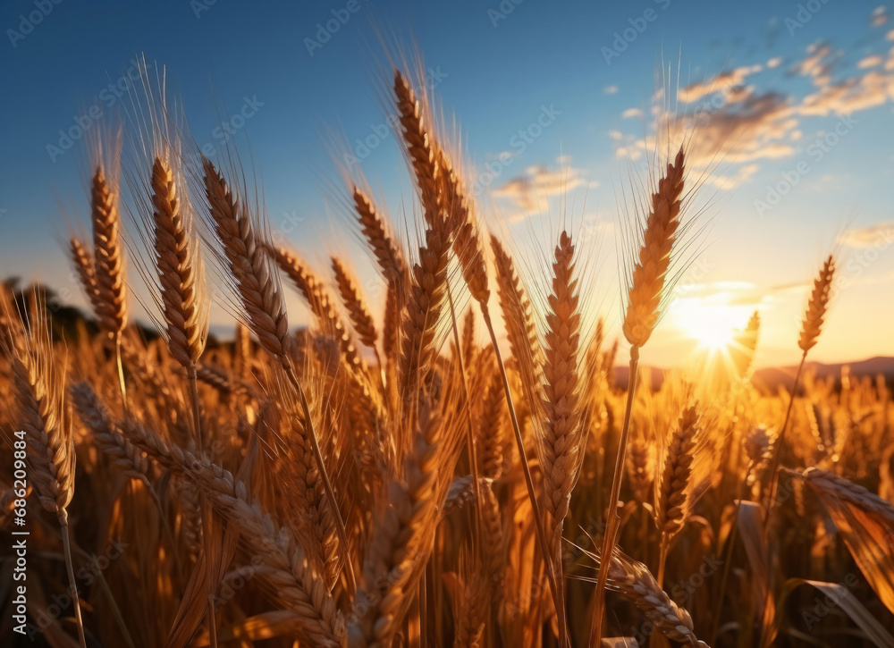 Closeup, farm and wheat field in sunset with background, mockup space and sunshine. Agriculture, outdoor and summer in countryside, grain and growth with sustainability, development and landscape Closeup, farm and wheat field in sunset with background, mockup space and sunshine. Agriculture, outdoor and summer in countryside, grain and growth with sustainability, development and landscape