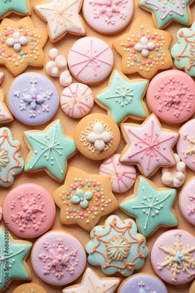 An array of vibrant, colorfully iced cookies arranged neatly on a warm peach-colored background An array of vibrant, colorfully iced cookies arranged neatly on a warm peach-colored background