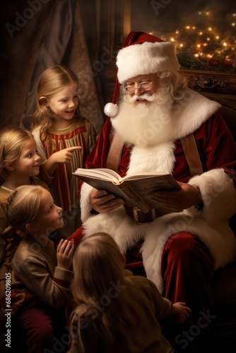 Santa claus in traditional red attire reading a story to enchanted children