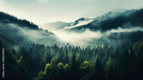 Foggy morning in the mountain forest photo