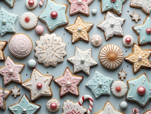 A festive collection of holiday cookies with intricate icing details in pastel colors on a blue background