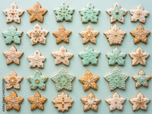 A diverse collection of star-shaped cookies with rich golden icing accents on a turquoise background