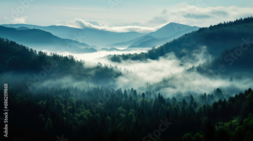 Foggy morning in the mountain forest © Faith Stock