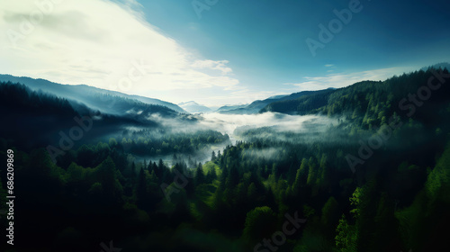 Foggy and sunny forest in the mountains. Beautiful landscape.