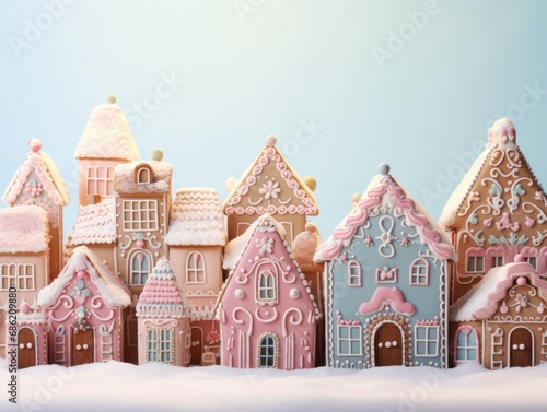 A charming gingerbread town adorned with pastel icing and a dusting of snow, evoking holiday warmth photo