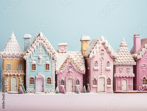Adorable pastel gingerbread houses with intricate icing details, set against a soft pink background
