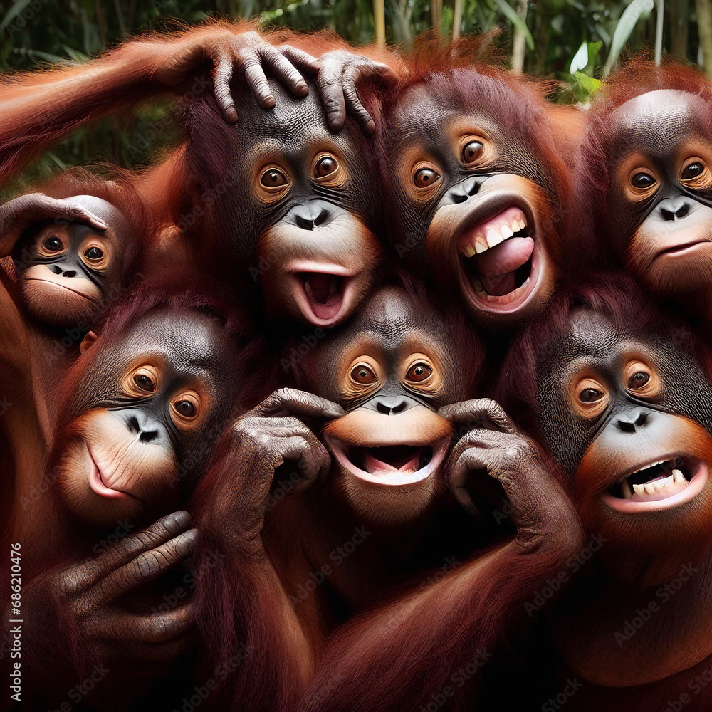 a side-splitting photo of a group of Orangutans striking hilarious poses