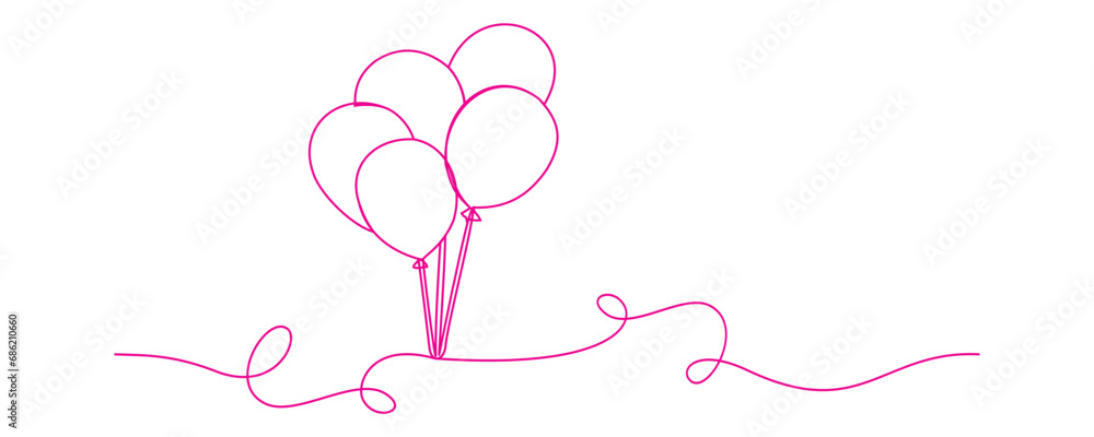 Line art illustration of gifts and party balloons