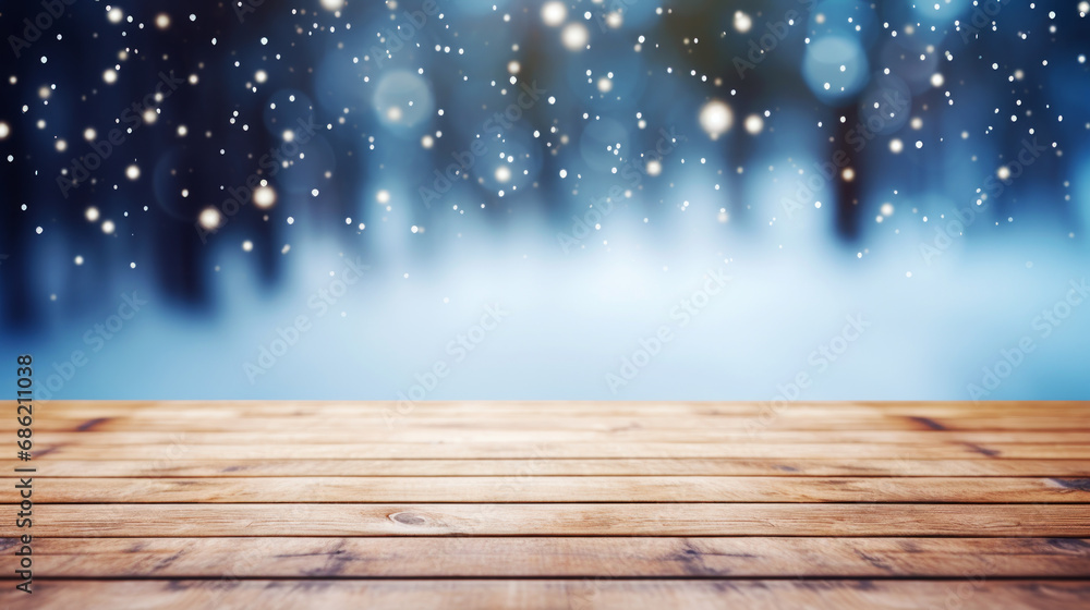 Empty wooden table with winter snow background for product placement. Empty wooden table with winter snow background for product placement.