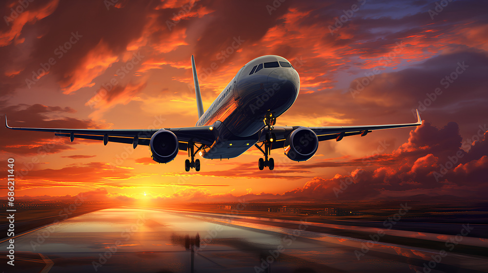 Large airplane about to fly into the sky. Background with beautiful sky at sunrise.  
