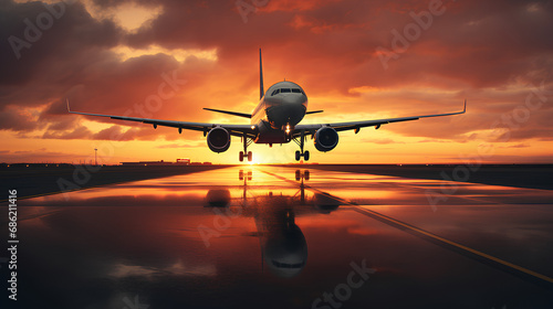 Large airplane about to fly into the sky. Background with beautiful sky at sunrise. 