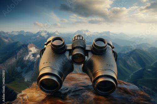 A pair of binoculars against a backdrop of distant mountains, embodying the spirit of exploration and adventure. Concept of discovery and curiosity. Generative Ai.