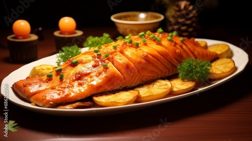 Fried red salmon fish in a white plate on the table